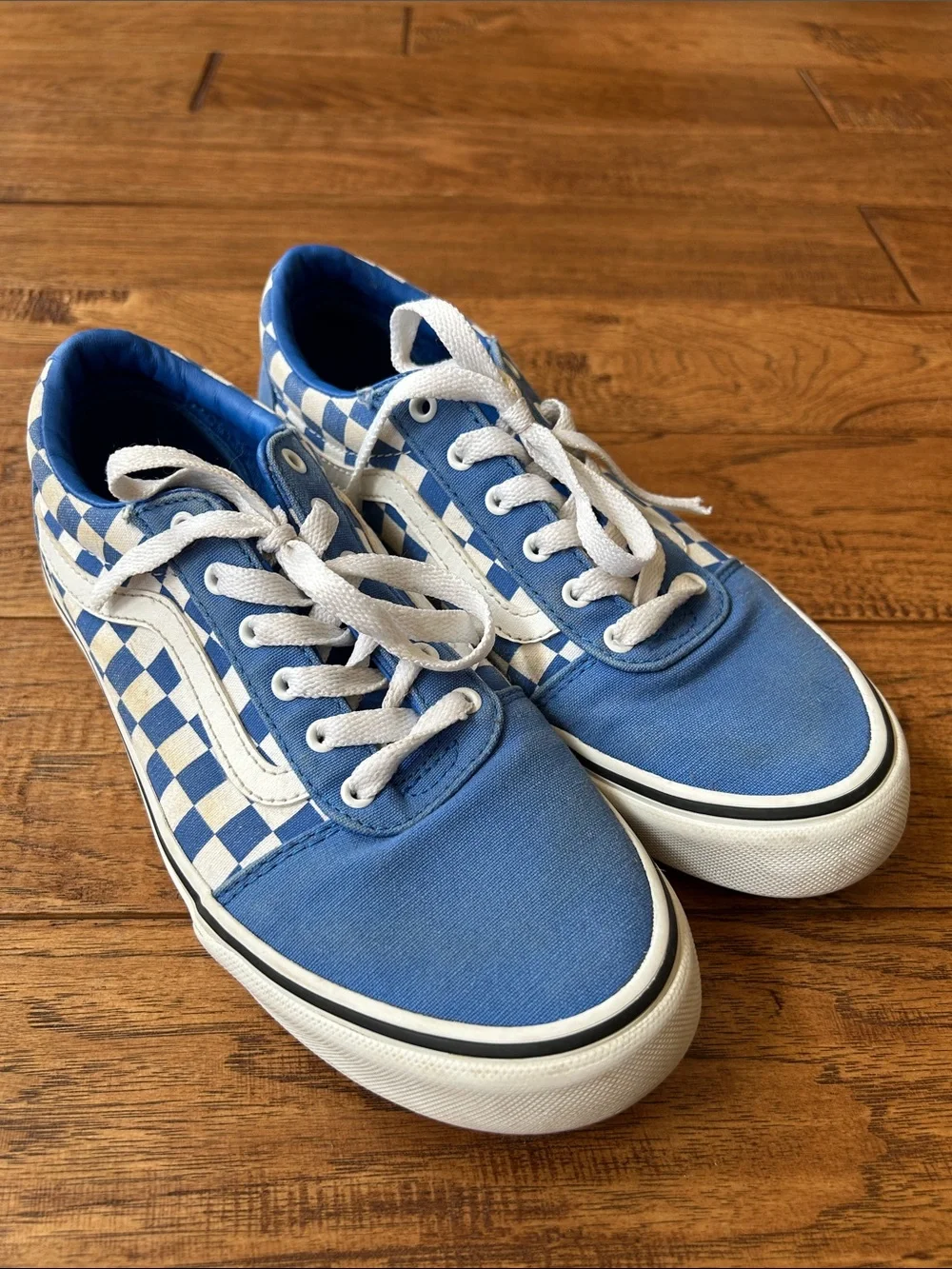 Vans Old Skool Checkerboard Skate Shoes Sneakers True Blue White Youth Size 4.5